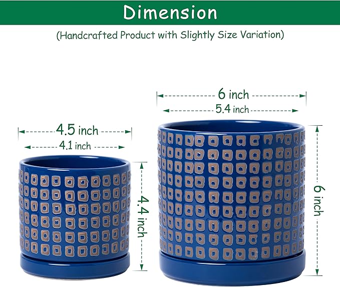 D'vine Dev Set of 2 Ceramic Planter Pots with Drainage Hole and Saucer, 4.5 Inch 6 Inch Plant Pots for Indoor Houseplants, Blue, 99-A-6