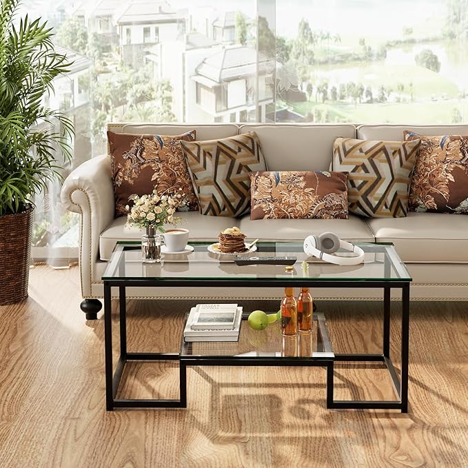 Coffee Table Black Glass Coffee Table for Living Room,2 Tiers Rectangle Center Table with Sturdy Metal Frame,Modern Tempered Glass Accent Table for Bedroom Home Office