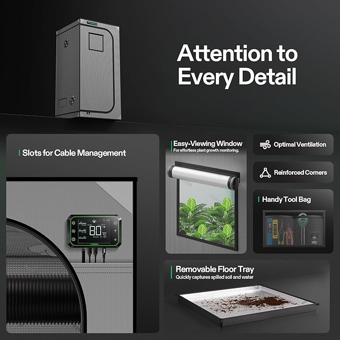 VIVOSUN G336 36"x36"x72" Grow Tent, 3x3 FT Advanced Gray Mylar Tent with 19mm Poles, Observation Window and Floor Tray for Hydroponic Plants for VS2000/VS3000