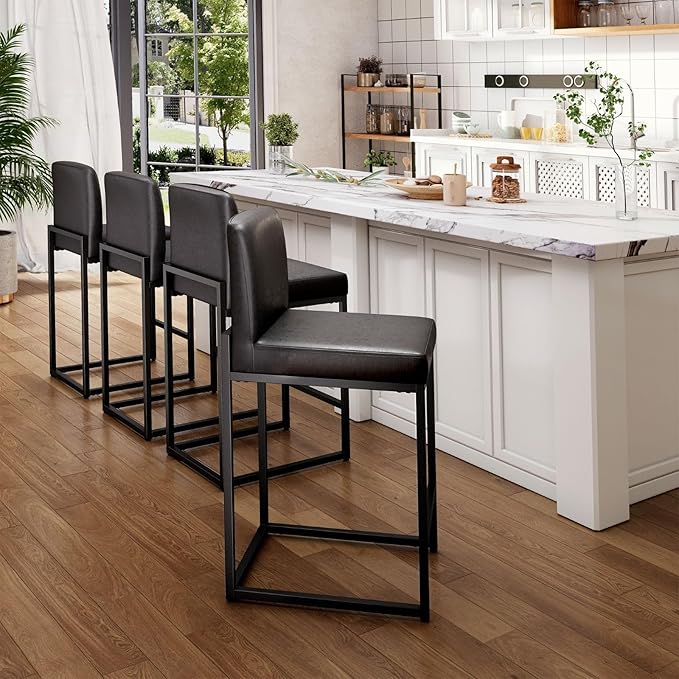 Sophia & William Black Bar Stools Set of 4, Modern PU Leather Counter Height Barstools with Back, 24" Kitchen Island Chairs