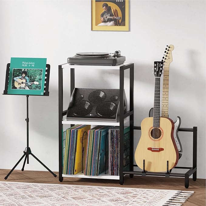 End Table with Guitar Stand,Record Player Stand,Vinyl Records Storage,2-Tier Guitar Stand for Acoustic, Electric Guitar,Bass,Turntable Stand Side Table for Music Room Studio Living Room-Modern White