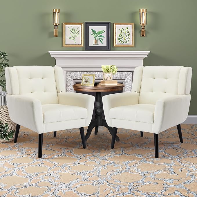 NicBex Accent Chair Set of 2, Modern Chair for Living Room Upholstered Foam Filled Living Room Chairs with Metal Legs Linen Cozy Lounge Armchair for Living Room Bedroom,White
