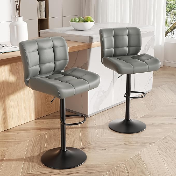Modern Bar Stools, Faux Leather Upholstered Swivel Bar Stools, Adjustable Counter Height Bar Chairs with High Back and Footrest for Kitchen Island (Dark Grey)