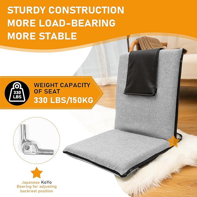 Floor Chair with Water Repellent Fabric 14-Position Adjustable Floor Chair with Back Support Portable Ground Seating for Adults Foldable Meditation Seat with Washable Cover (Light Grey)