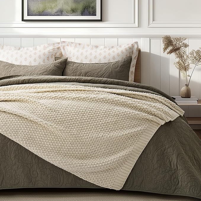 EVERGRACEHOME Chunky Chenille Knit Throw Blanket for Couch, Soft Luxurious Moss Stitch Blankets for Bed, Cozy Decorative Farmhouse Knitted Throws for Sofa, Beige, 60" x 80"