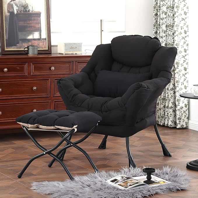 Lazy Chair with Ottoman, Modern Accent Chair with Lumbar Pillow, Comfy Chairs with Folding Footrest for Bedroom, Reading, Oversized Supportive Lounge Chairs(Black)
