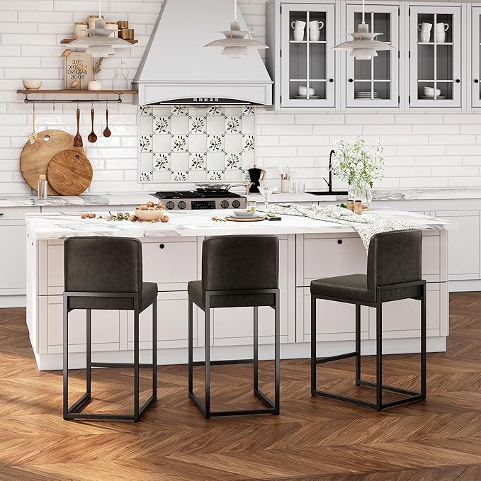 ALPHA HOME 24 Inch Bar Stools Set of 3 Kitchen Counter Stools with Back Pu Leather Counter Chair Counter Height Bar Stools with Upholstered Footrest Sturdy Chromed Metal Steel Frame, Grey