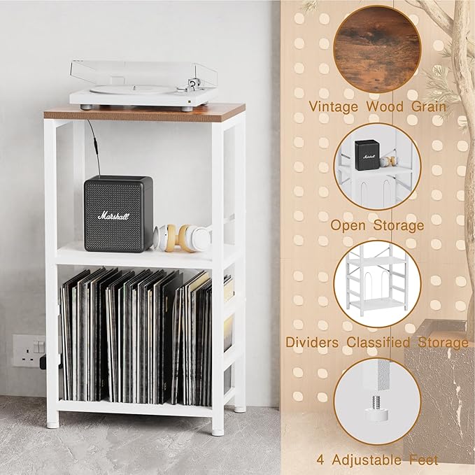 End Table with LED Light,Record Player Stand with Albums Storage,Vinyl Records Storage,Turntable Stand Side Table for Music Room Studio Living Room Bedroom-White