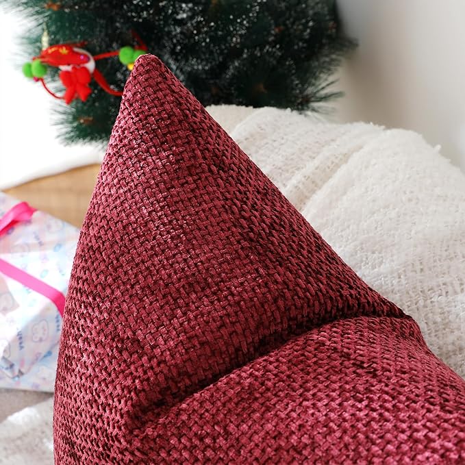 Stellhome Pack of 2 Woven Textured Decorative Throw Pillow Covers Soft Chenille Accent Luxury Cushion Cases for Living Room Couch Bed Sofa Farmhouse Boho Home, 16x16 inch, Burgundy