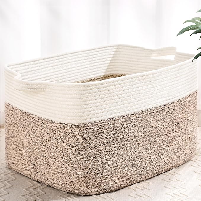 Large Blanket Basket, 60 L Rectangle Storage Baskets for Organizing, Woven Laundry Basket for Blankets, Cotton rope Blanket Storage for Living Room, Nursery Room, Brown