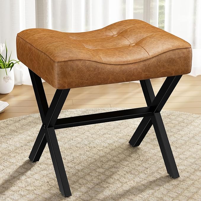 18-Inch Large Leather Vanity Stool, Vanity Chair with Metal X-Leg, Ottoman Accent Stool with Thick Padded Saddle Seat, Brown
