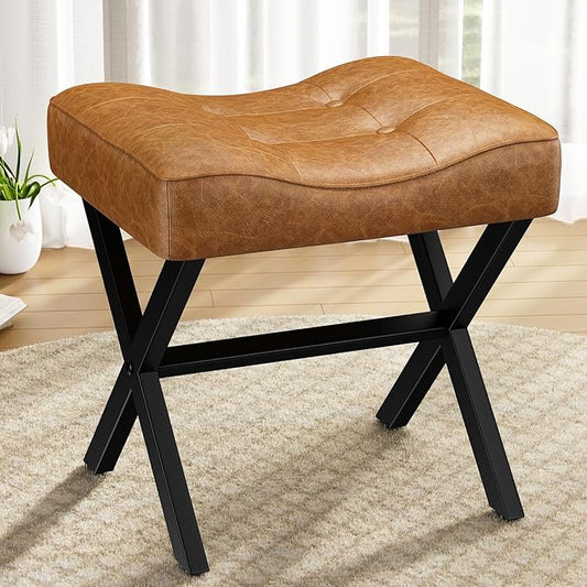 18-Inch Large Leather Vanity Stool, Vanity Chair with Metal X-Leg, Ottoman Accent Stool with Thick Padded Saddle Seat, Brown