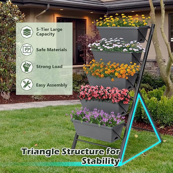 COSTWAY Vertical Raised Garden Bed, 5 Tier Planter Box with Drainage Holes for Vegetables, Grass, Flowers, Freestanding Garden Planter Indoor Outdoor, Patio, Balcony, Greenhouse