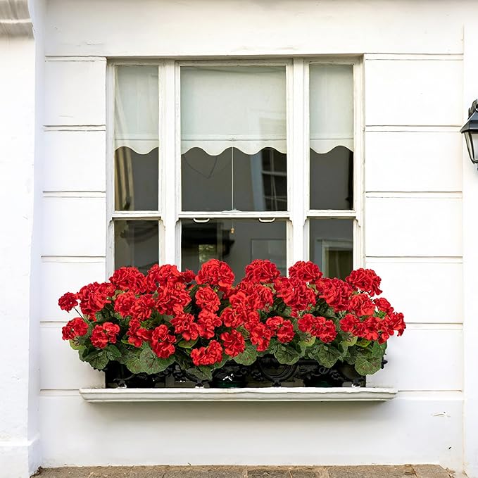 Plastic Flowers for Outdoors Home Decor Fake Plants Artificial Flowers Artificial Geraniums Outdoor Fake Flowers Silk Bouquet, Fall Decoration for Interior Porch Garden Decor(Red) 8PCS 14.4"