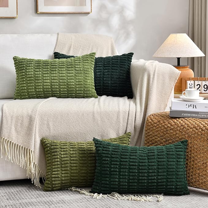 Fancy Homi 2 Packs Boho Moss Green Decorative Throw Pillow Covers 12x24 Inch for Couch Bed Sofa, Rustic Modern Farmhouse Home Decor, Soft Plush Corduroy Cute Rectangle Cushion Case 30x60 cm