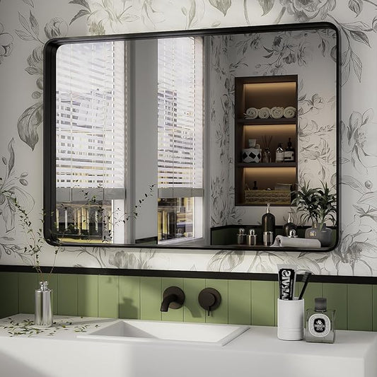 ISKM Black Bathroom Mirror for Wall 40" x 24" Matte Black Framed Vanity Mirror, Shatter-Proof, Tempered Glass, Rounded Rectangle Mirror(Horizontal/Vertical)