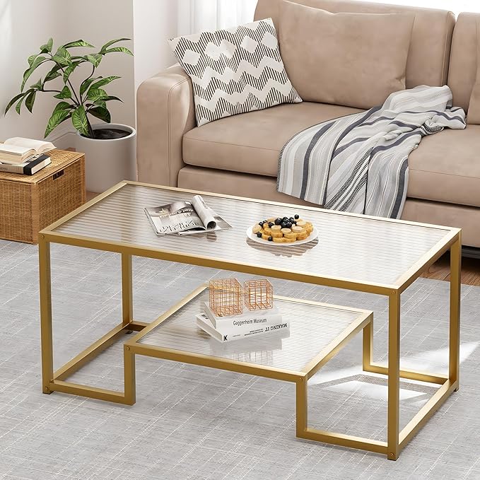 Coffee Table Gold Glass Coffee Table for Living Room,2 Tiers Rectangle Center Table with Ribbed Glass Top and Sturdy Metal Frame,Modern Glass Accent Table for Bedroom Home Office