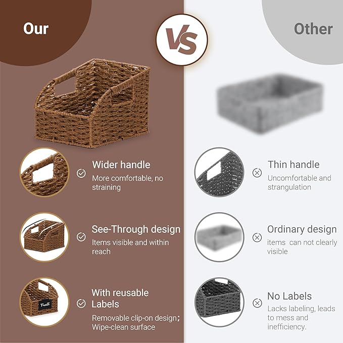 Pantry Organizers, Wicker Storage Baskets for Fruit, Bread, Vegetable, Boho Decorative Basket, Shelf Baskets for Kitchen Counter with Handles, Paper Storage Bins for Shelves, 3 Pack, Brown