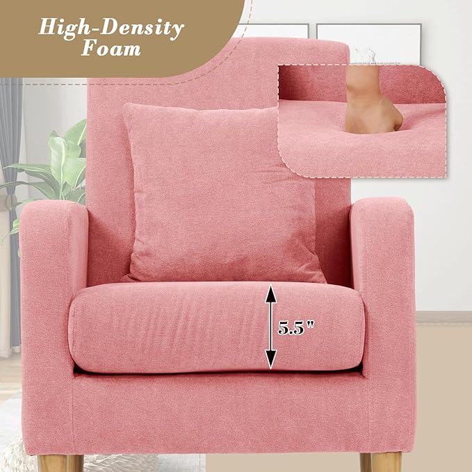 Athena Collection Modern Accent Chair with Cushion, Comfy Upholstered Fabric Reading Chair for Adult, Soft Sofa Armchair for Living Room, Bedroom, Dorm, Pink