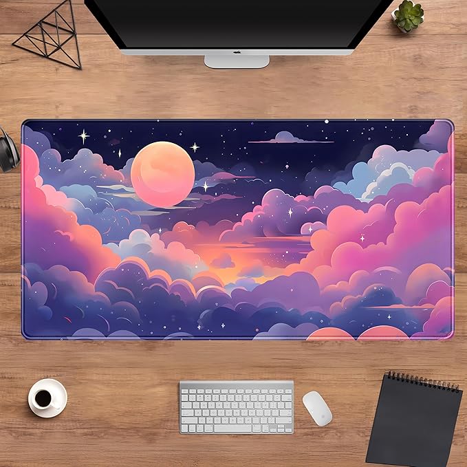 Cute Pink Purple Space Clouds Desk Mat Anime Gaming Mouse Pad Pastel Sky Desk Pad XXL Large Extended Mousepad 31.5x15.75 in, Cool Laptop Computer Keyboard and Mouse Mat for Women Office Decor