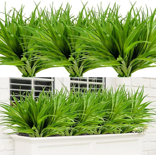 24Pcs Artificial Grass Plant Fake Outdoor Plastic Plants UV Resistant Faux Grasses Greenery Shrubs for Window Box Garden Patio Porch Home Decor Green