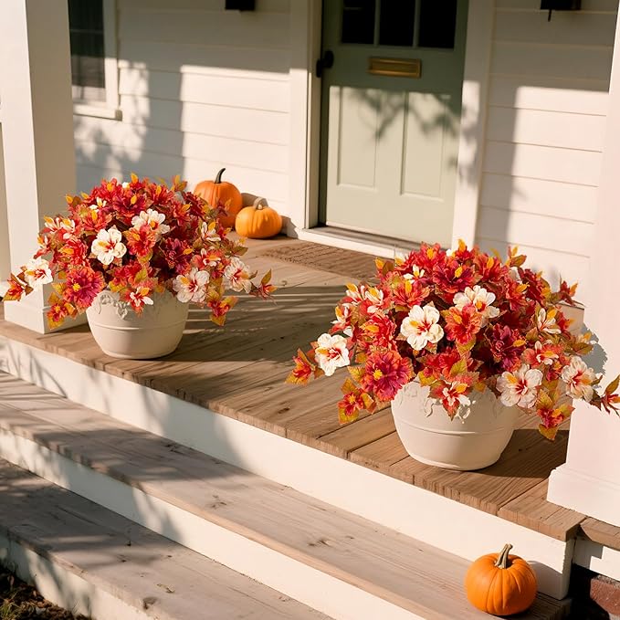 Fake Fall Flowers Artificial for Outdoors Decoration 2PCS Faux Orange Flowers for Outdoor Planters Outside Hibiscus Flower Fall Décor for Home Front Porch Yard Patio