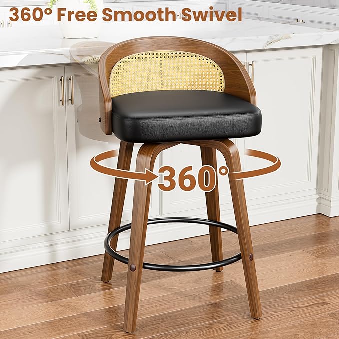 Swivel Bar Stools Set of 2, 26" Upholstered Faux Leather Barstools with Bentwood Legs, Mid Century Modern Counter Height Bar Stools with Rattan Back for Kitchen Island, Dining Room, Black
