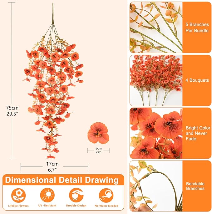 Artificial Fall Flowers for Outdoor, 4 Pcs Faux Pansy Fake Mums Plant Hanging Flowers Outdoor Fall Decor, UV Resistant No Fade Silk Flower for Front Door Porch Planter Patio Yard Garden(Orange)