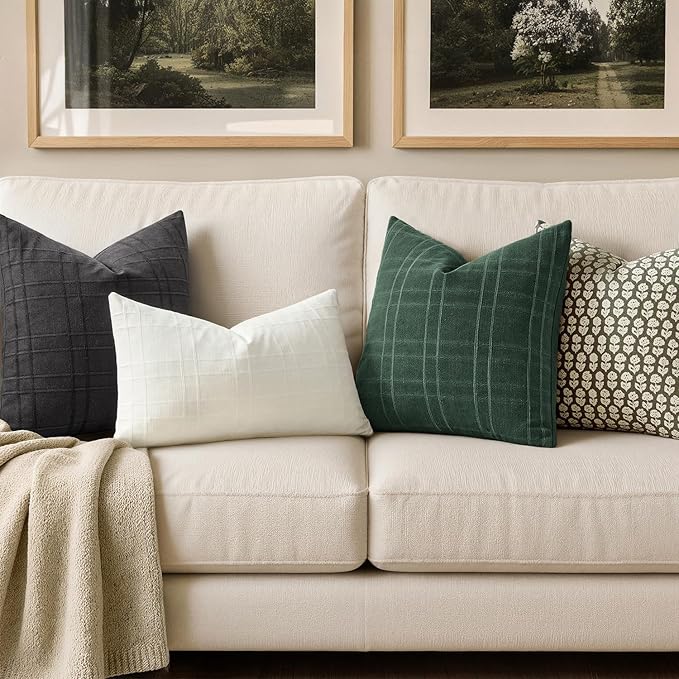 MIULEE Christmas Decorative Linen Check Throw Pillow Covers Neutral Farmhouse Vintage Pillow Covers 18x18 Set of 2 Boho Modern Home Decor for Sofa Couch Bedroom Cushion Dark Green