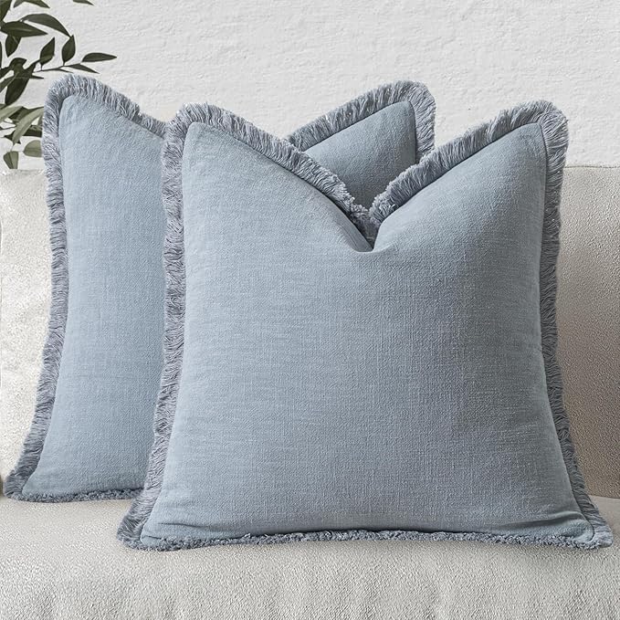 MIULEE Decorative Throw Pillow Covers Neutral Linen Fringe Throw Pillows Set of 2 Light Blue Boho Farmhouse Cushion Covers with Tassels for Couch Sofa Bed Living Room Spring Home Decor 18x18 Inch