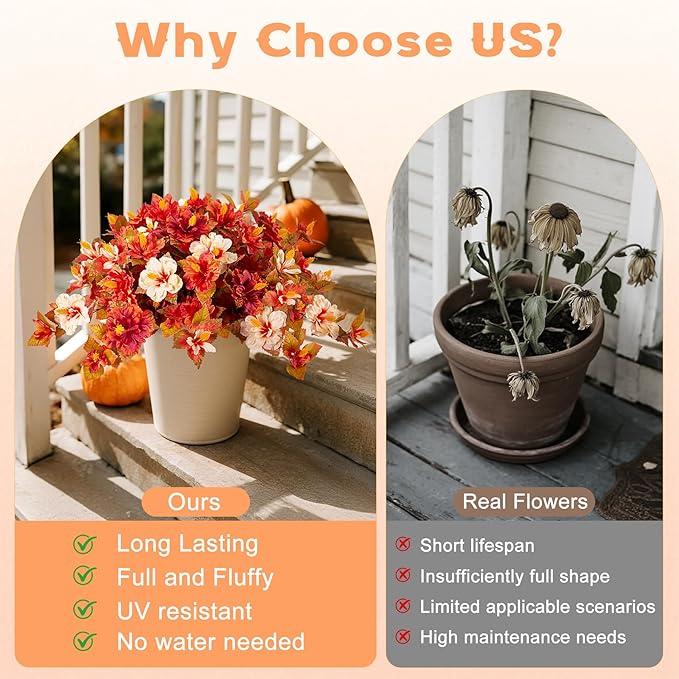 Fake Fall Flowers Artificial for Outdoors Decoration 2PCS Faux Orange Flowers for Outdoor Planters Outside Hibiscus Flower Fall Décor for Home Front Porch Yard Patio