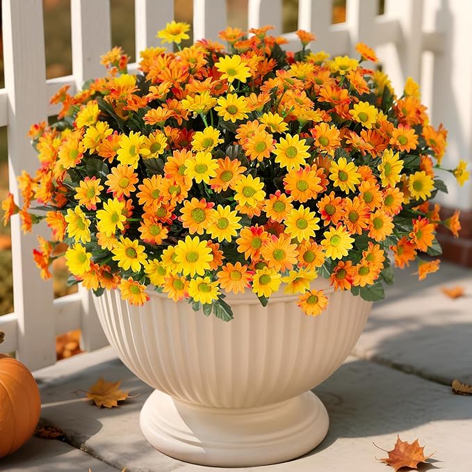 Fake Mums Fall Artificial Flowers for Outdoor Decoration, 6 Bundles Faux Silk Daisy Flowers Realistic UV Resistant No Fade Fall Fake Plants for Home Patio Porch Garden Window Box Decor(Yellow Orange)