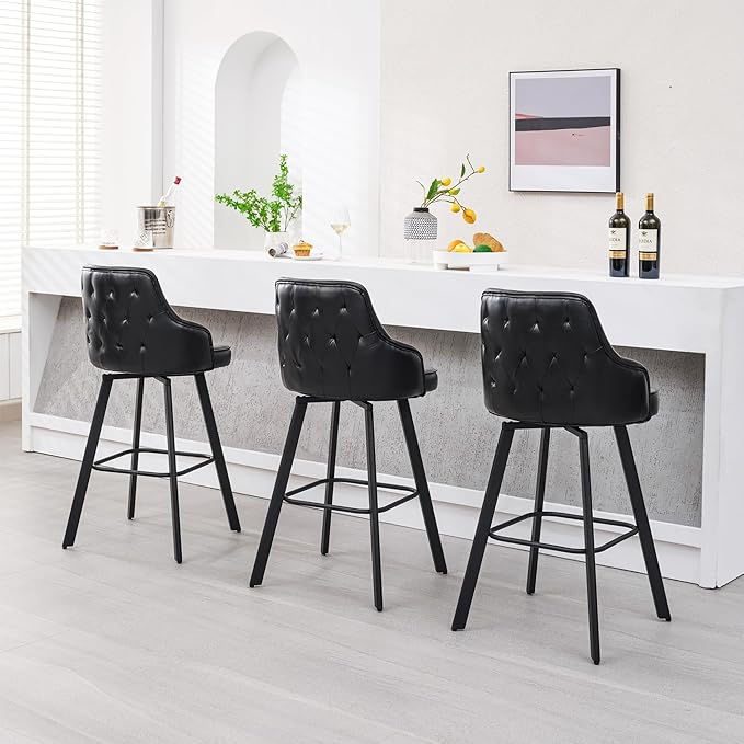 Bar Stools Set of 2, 30" Swivel Bar Height Bar Stools with High Back, Faux Leather Kitchen Bar Chairs for Kitchen Island (Black, 2PCS 30" Bar Stools)