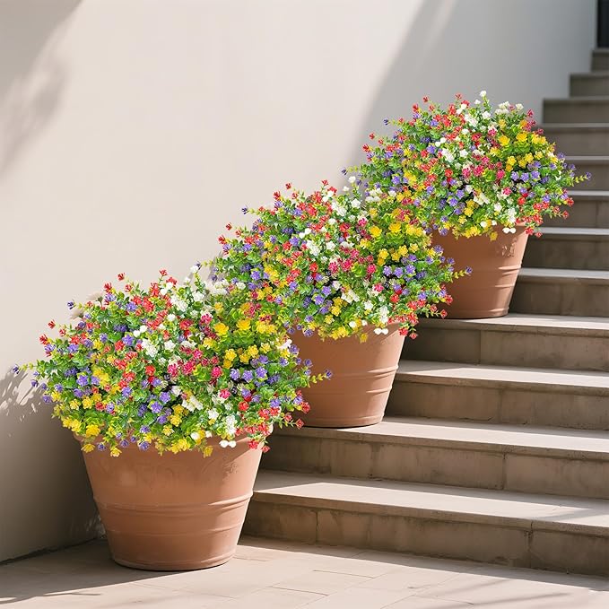 Outdoor Artificial Flowers UV Resistant, 20 Bundles Fake Realistic Floral Greenery Plants for Outside Porch, Window Boxes, Garden, Yard, Inside Home Table Decor,MixcolorD