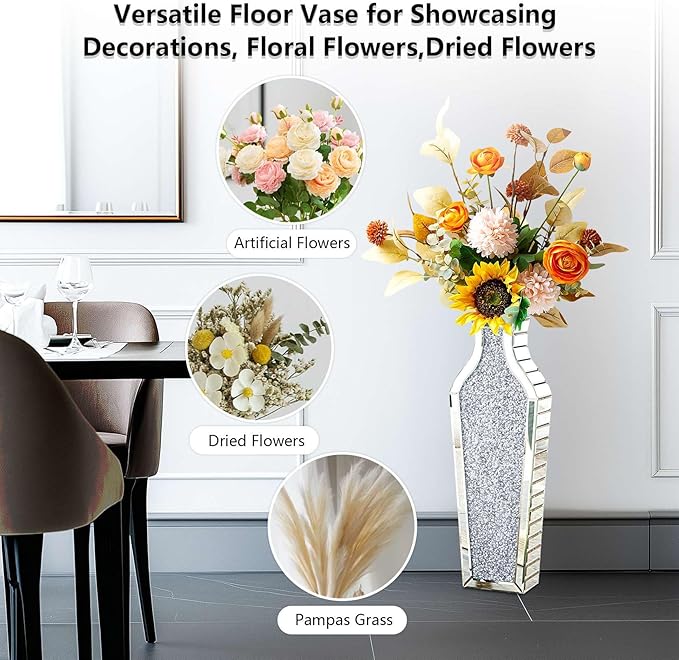 Flower Vase Crushed Diamond: Crystal Silver Mirror Vase Geometric Decorative Vases Large Bling Glass Mirrored Decor for Luxury Home Centerpieces, Won't Hold Water