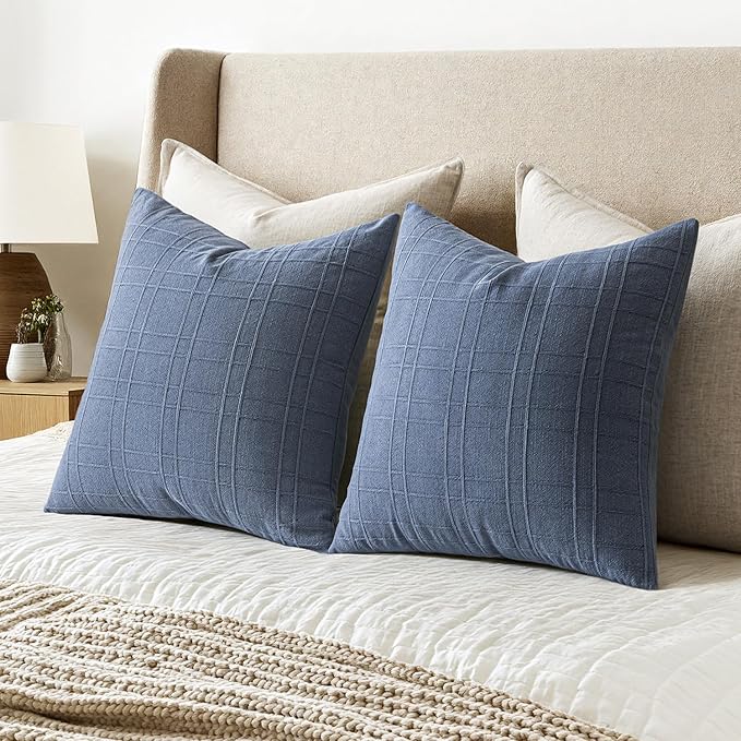 MIULEE Decorative Linen Check Throw Pillow Covers Neutral Farmhouse Vintage Pillow Covers 20x20 Set of 2 Boho Modern Home Decor for Sofa Couch Bedroom Cushion Blue