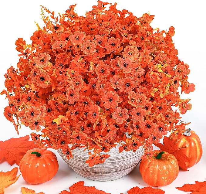 SHareconn 24 Bundles Artificial Fall Flowers for Outdoors Decoration,UV Resistant Silk Eucalyptus Lavender Faux Autumn Fake Plants for Outside Indoor Garden Yard Porch Home Decor,SunsetRedAutumnColour