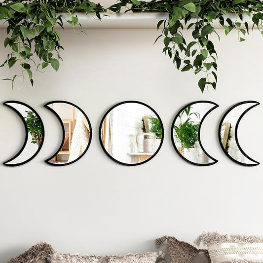 Stylish Moon Phase Wall Mirrors Set – 5-Piece Decorative Acrylic Bohemian Mirrors for Home Decor, Living Room & Bedroom Room(Black)