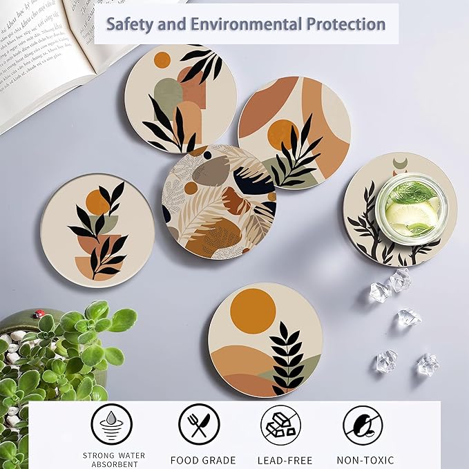 Drink Coasters Set of 6 with Holder, Abstract Boho Sun Leaves Absorbent Ceramic Coasters with Cork Base,Fit All Cups,Great Gift for Housewarming,Room Decor,Bar,Holiday Party