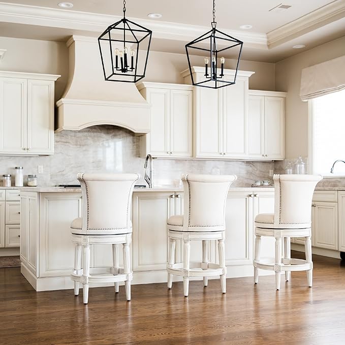 Maven Lane Pullman Counter Stool 26 Inches – Set of 2 – Swivel Stools with Footrest – Cream Solid Wood Frame & Natural Fabric Upholstery – Perfect for Kitchen Islands & Counters