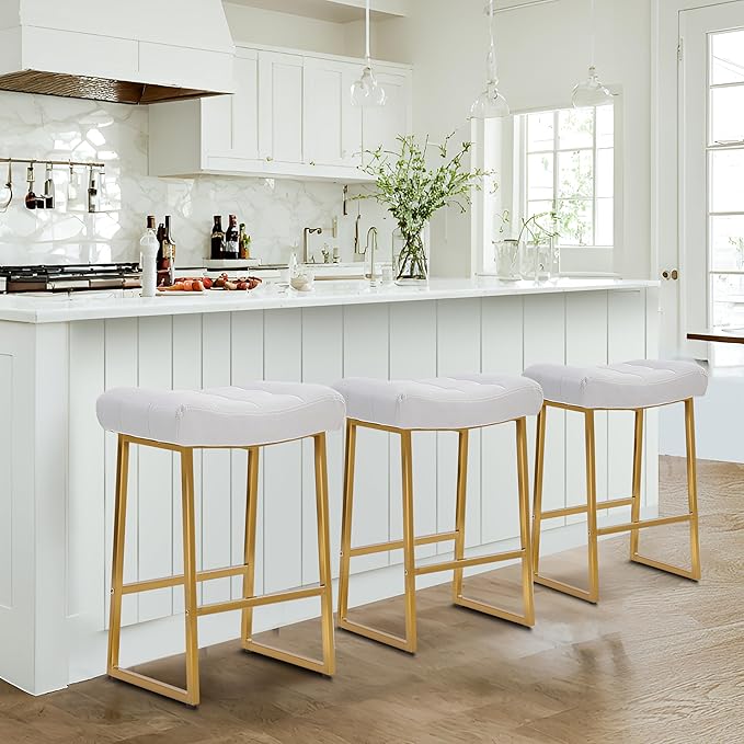 White & Gold Counter Height Bar Stool for Kitchen Counter Modern Backless Barstool with Upholstered Faux Leather Seat and Metal Frame Industrial 24 inch Bar Chair