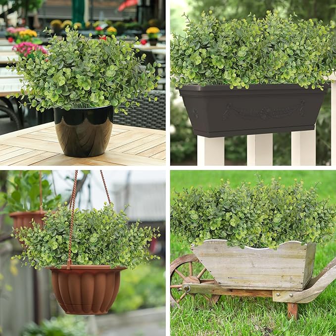TOCHGREEN 8 Bundles Artificial Eucalyptus Leaves Plants Outdoor UV Resistant Faux Plastic Boxwood Shrubs Fake Greenery Plants for Home Farmhouse Porch Patio Window Garden Decoration (Green)