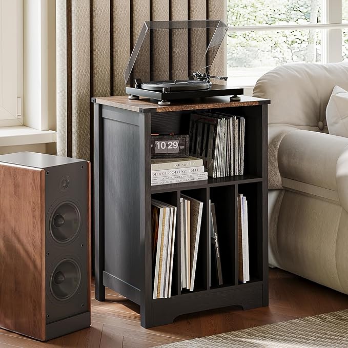 ChooChoo Record Player Stand, Vinyl Record Storage Cabinet, Turntable Stand Holds up to 160 Albums, Record Player Table Display Shelf for Living Room, Bedroom, Office, Vintage Black