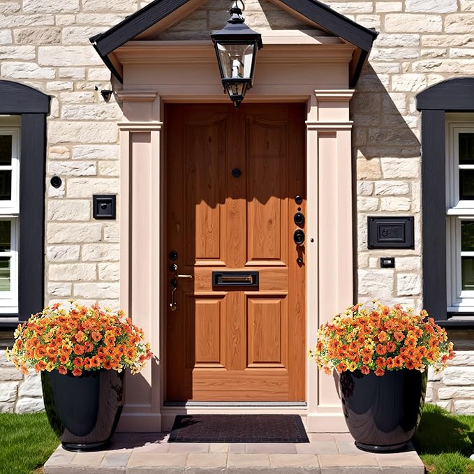 Fall Mums Artificial Flowers for Outdoors Potted, 12 Bundles Fake Fall Daisy Flower with Realistic Eucalyptus Leaves, Fake Plants for Greenery Boxwood Porch Patio Garden Pot Lawn(Yellow Orange)