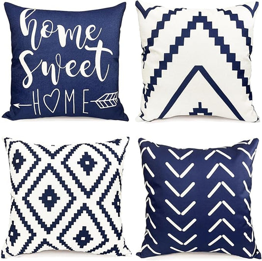 Decorative Throw Pillow Covers 18x18 Inch Blue Pillow Covers for Couch Sofa Living Room Bedroom car,Farmhouse Outdoor Throw Pillow Cover,Modern Geometric Linen Square Throw Pillow Case Set of 4