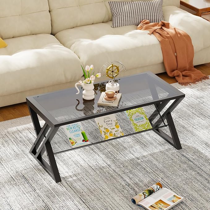 Glass Coffee Table Living Room Table with Storage Shelf, Grey Glass Table Simple Modern Rectangular Tables with Sturdy Black Metal Frame,Industrial Glass Coffee Table for Bedroom Home Office