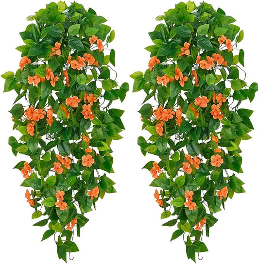 BLEUM CADE Artificial Hanging Flowers for Outdoors, 2pcs Fake Hanging Plants Pothos Vines with Orange Flowers for Wall Home Living Room Indoor Outdoor Fall Decor (No Baskets)