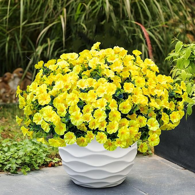 Artificial Outdoor Flowers 16 Bundles Fake Morning Glory Flower Outdoor UV Resistant Plastic Faux Flowers Plants for Decoration Indoor Outdoor Hanging Window Box Planter Home Porch Decor (Yellow)