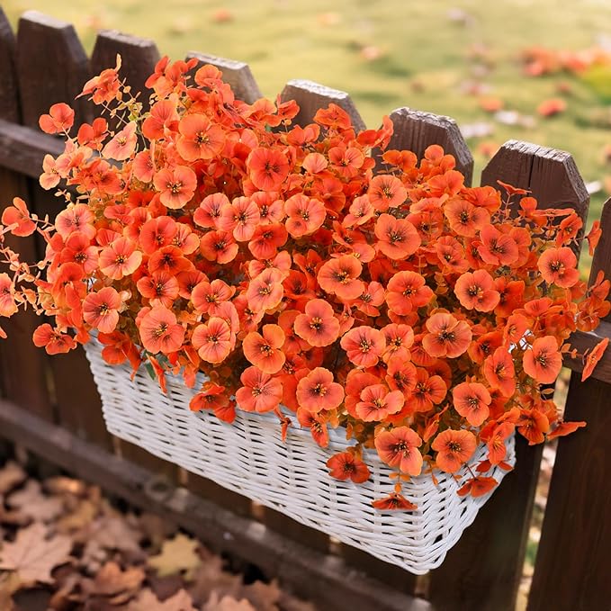 Artificial Fall Flowers for Outdoor, 12 Bundles Faux Pansy Fake Mums Flowers Plants Outdoor Fall Decor, UV Resistant No Fade Silk Flower for Autumn Porch Planter Patio Windowbox Yard Garden(Orange)