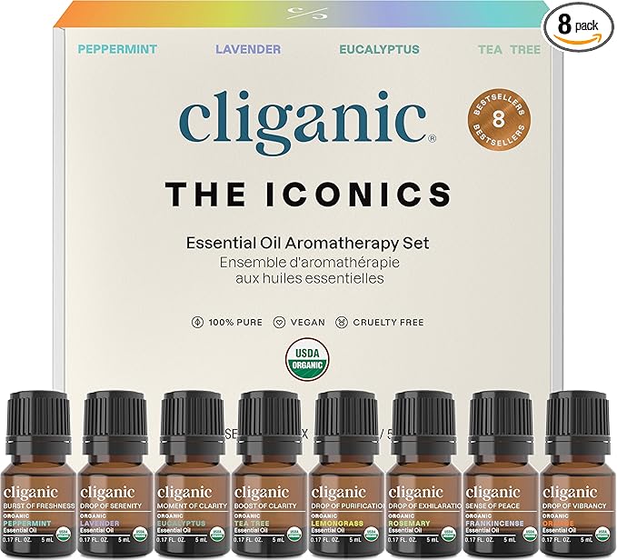 Cliganic Organic Aromatherapy Essential Oils Gift Set (Top 8 - The Iconics), 100% Pure - Peppermint, Lavender, Eucalyptus, Tea Tree, Lemongrass, Rosemary, Frankincense & Orange (Packaging May Vary)